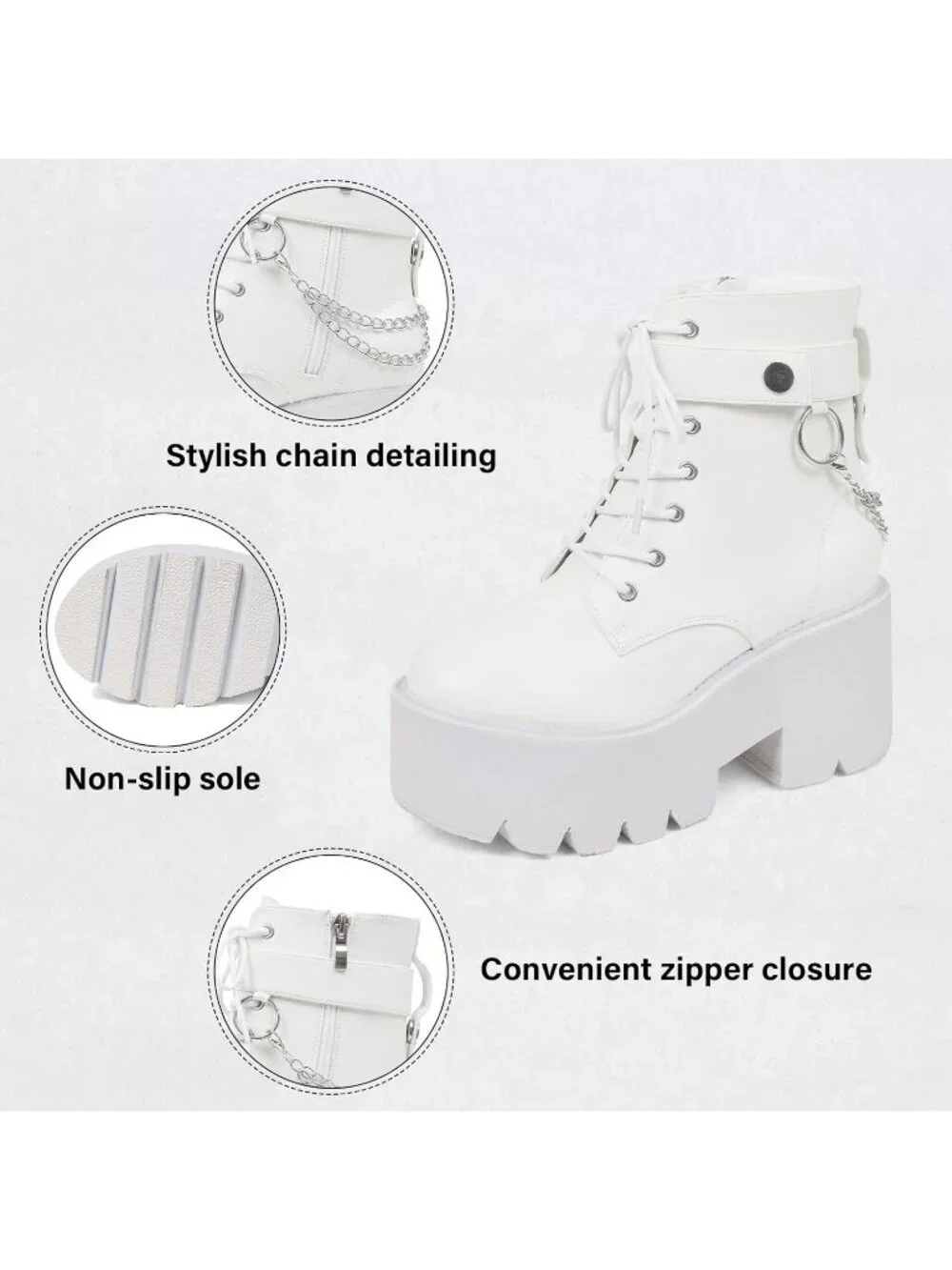 Women's White Rubber Platform Chunky Wedge Lace Up Chain Zipper Ankle Booties